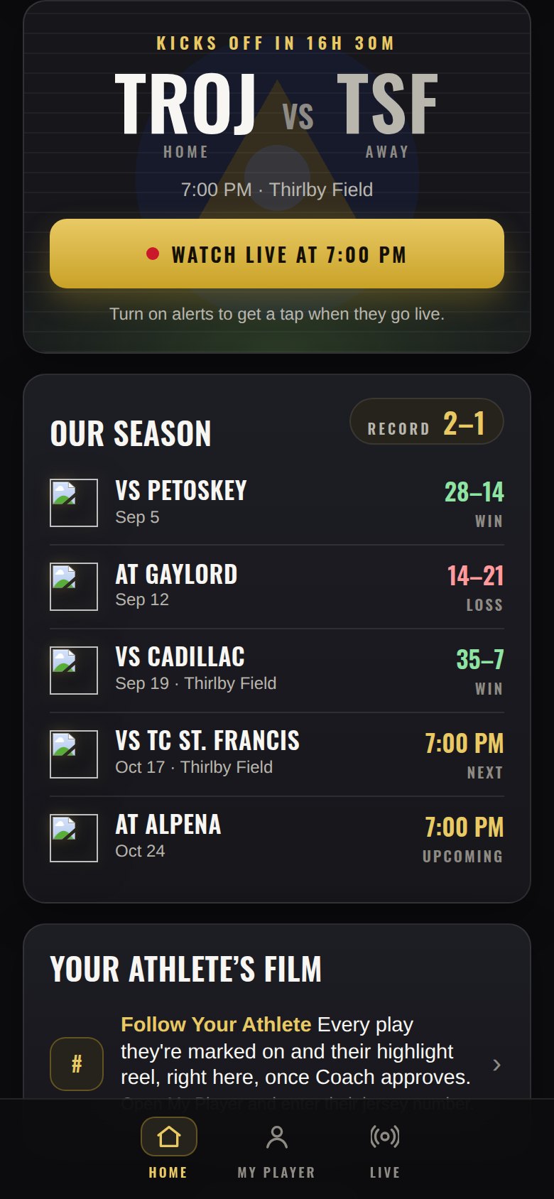 A parent's Home screen: Watch Live, the season record, and their athlete's film
